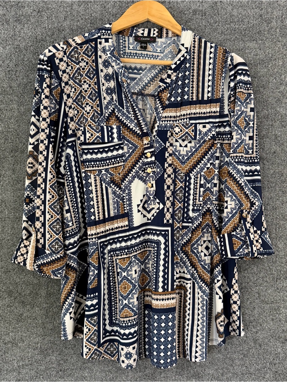 Cocomo Womens 3/4 Sleeve Geometric Print Top Size Large Office Career Stretch
